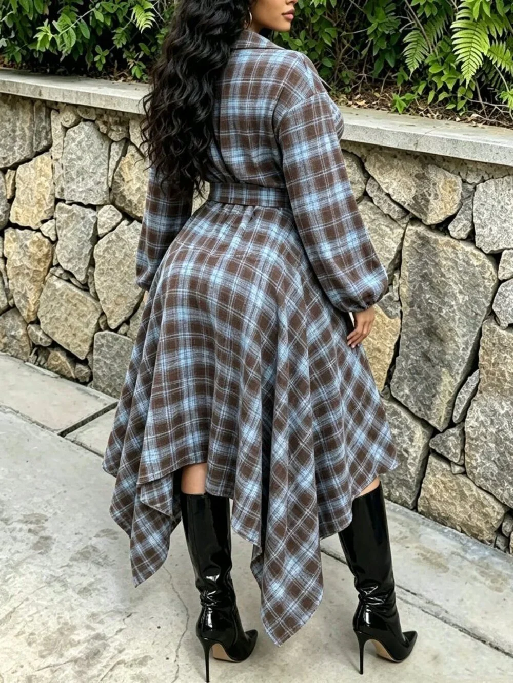 Multicolor Casual Women's High-Waisted Loose Asymmetrical Hem Plaid Shirt Dress